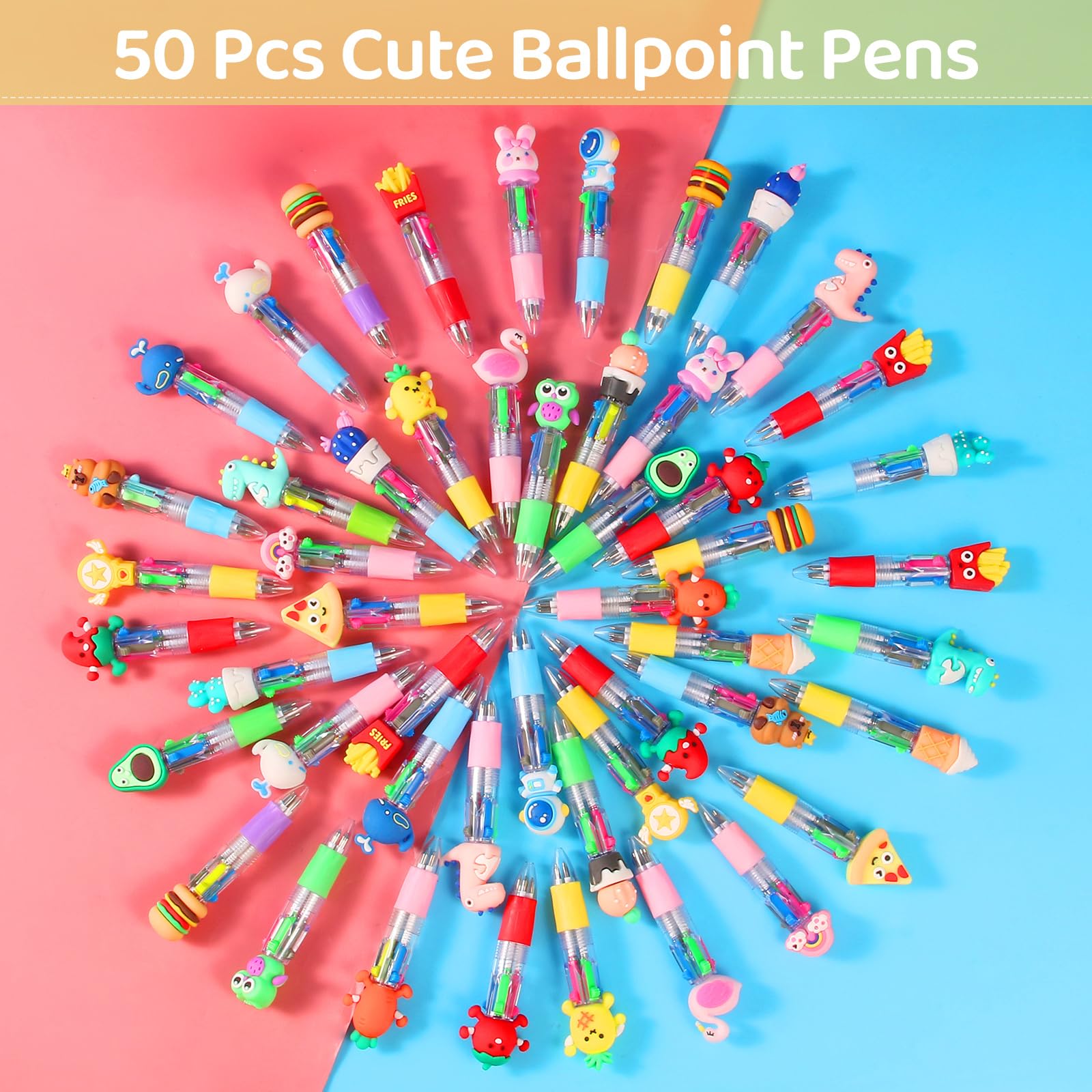LiYiQ 50 Pcs Multicolor Pen in One Fun 4-in-1 Cute Pens Bulk Kawaii Cool Ballpoint Pens Fun Gifts