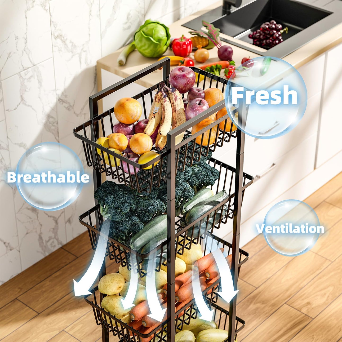 Simple Trending 4 Tier Rolling Fruit Vegetable Basket Cart, Black