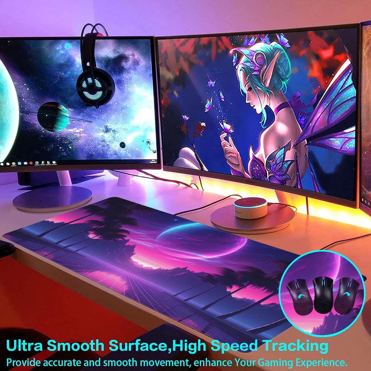 Large Gaming Mouse Pad for Desk,Cool Retrowave Landscape Desk Mat,Science Fiction Scene Desk Pad