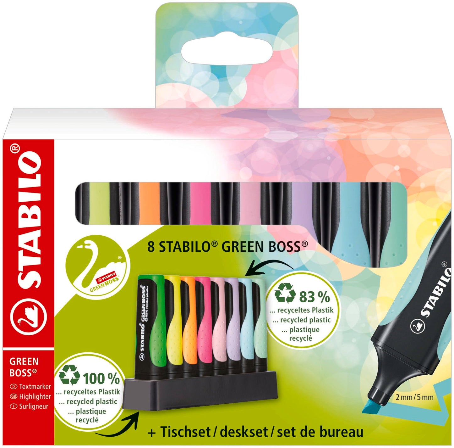 Eco-Friendly Highlighter - STABILO GREEN BOSS Pastel - Deskset of 8 - Assorted Colours