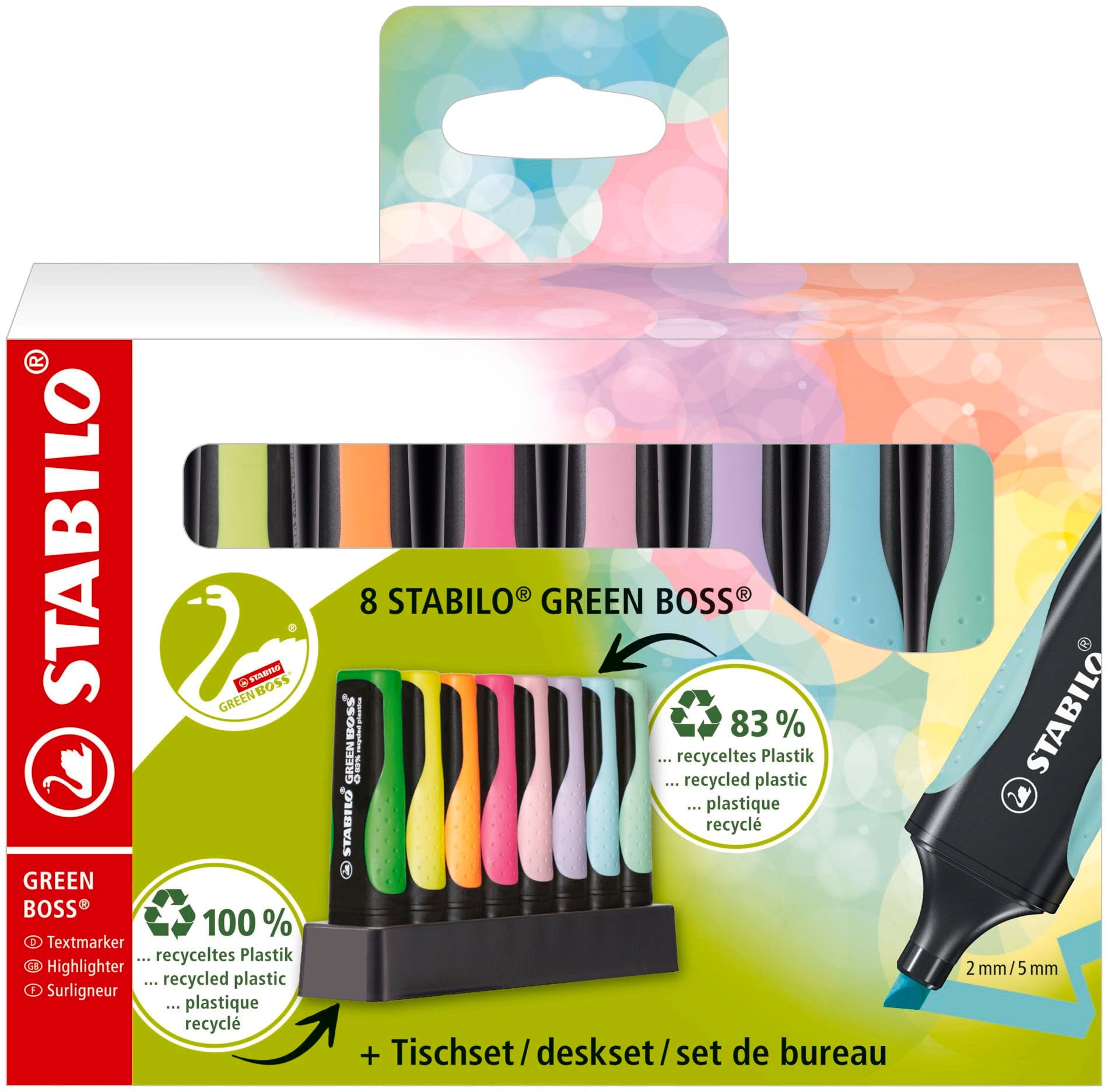 Eco-Friendly Highlighter - STABILO GREEN BOSS Pastel - Deskset of 8 - Assorted Colours