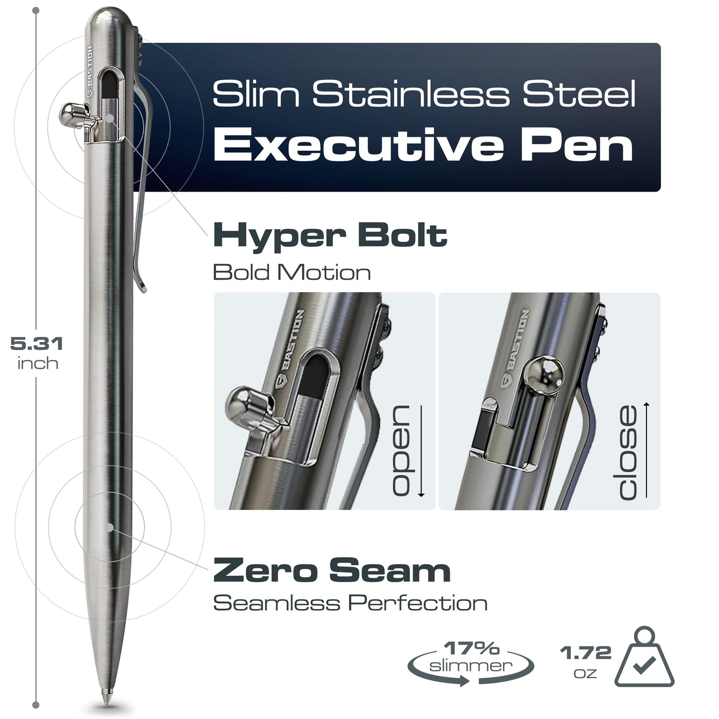BASTION Bolt Action Pen, Stainless Steel Silver Slim, HyperBolt & ZeroSeam EDC Pen, Refillable
