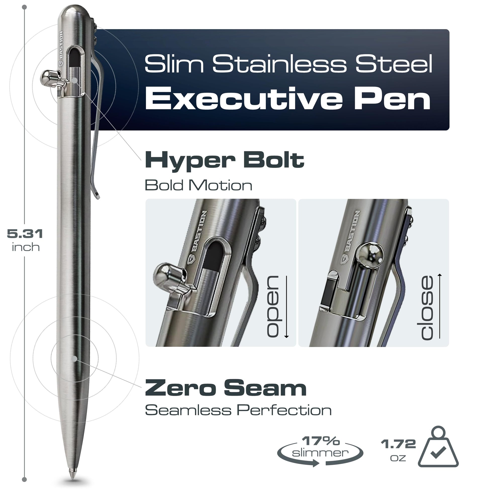 BASTION Bolt Action Pen, Stainless Steel Silver Slim, HyperBolt & ZeroSeam EDC Pen, Refillable