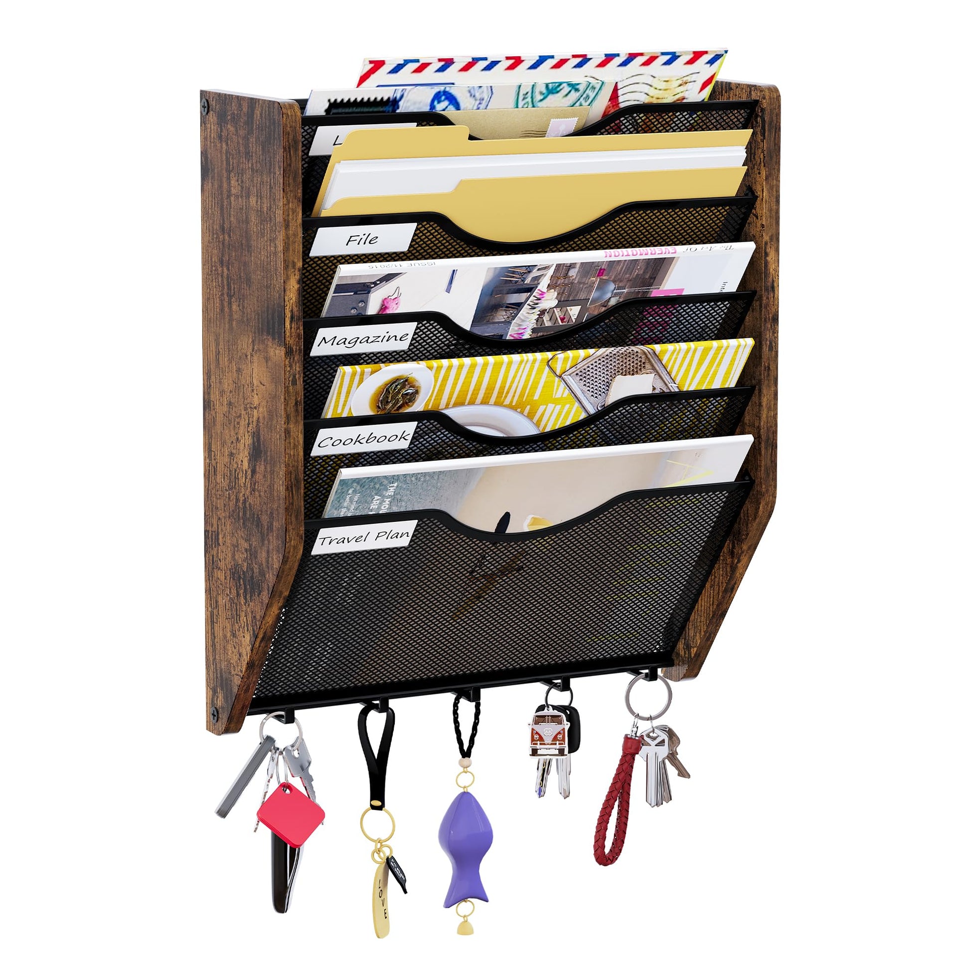 PAG-Mass Wall File Organizer With Hooks, 5 Tier Mesh Mail Organizer Wall Mounted,Hanging File