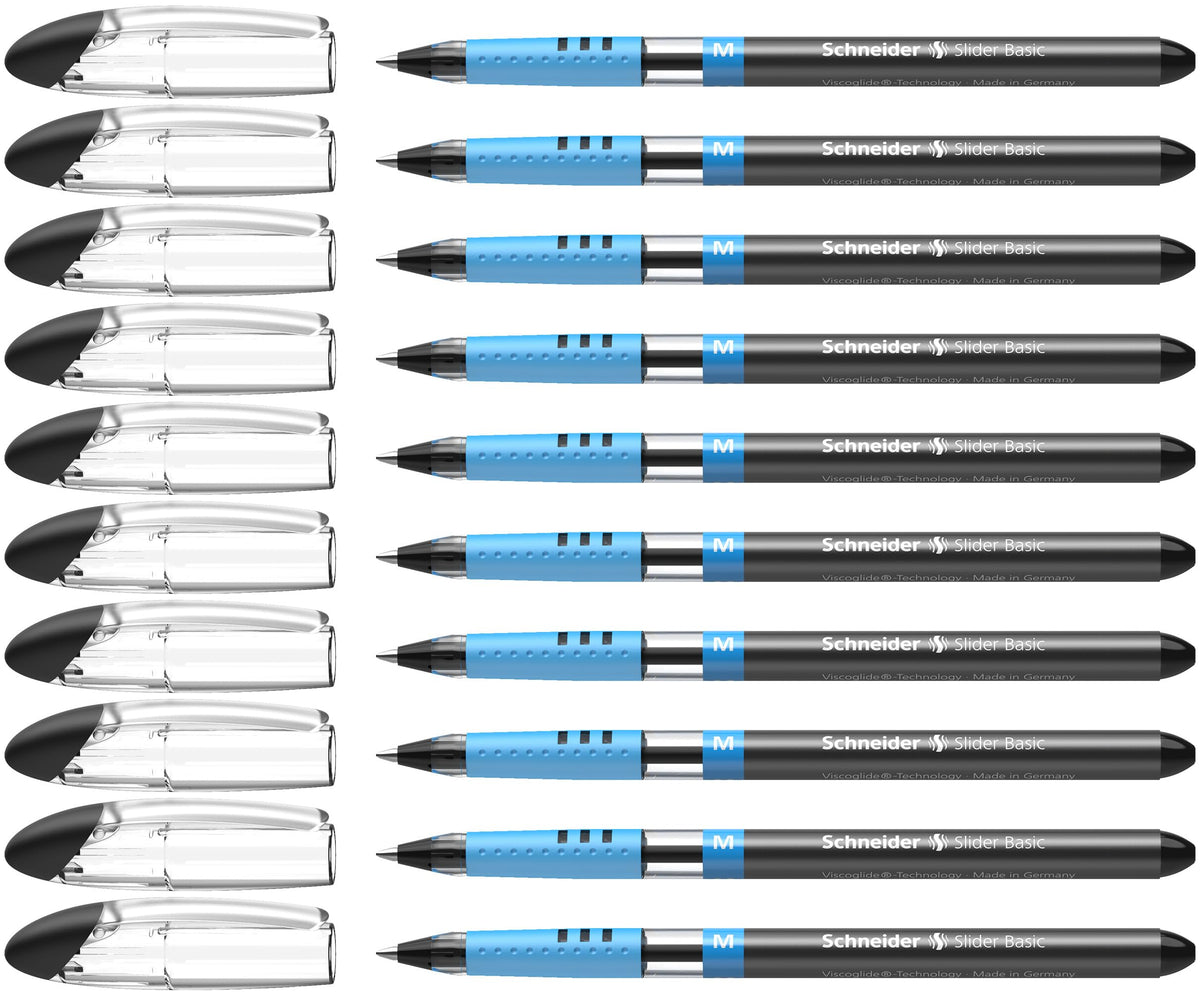 Schneider Slider Basic M (Medium) Ballpoint Pen, 1.0 mm, Transparent Barrel, Black Ink, Box of 10