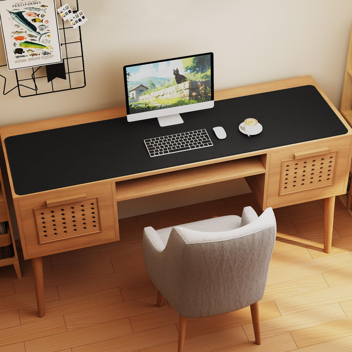Chihein 71” x 20” Cork & PU Leather Desk Mat (Black) - Huge Mouse Pad, Double Sided Waterproof Desk