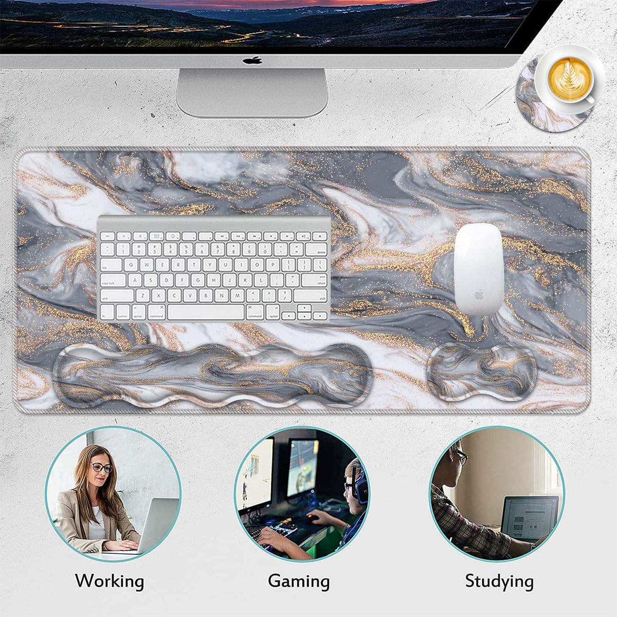 FGDRFGRW Mouse Pad Set,(31.5×11.8 in) Desk Pad + Keyboard Wrist Rest Support + Mouse Wrist Rest +