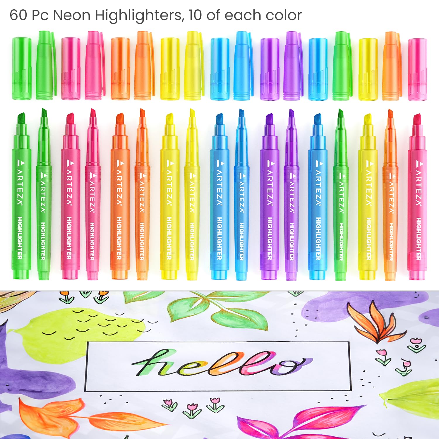 ARTEZA Highlighters, Bulk Set of 60 Neon Colors with Broad & Narrow Chisel Tips, Quick-Dry