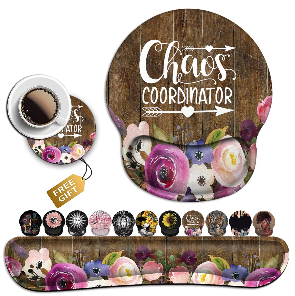 Chaos Coordinator Quotes Vintage Watercolor Floral Mouse Pad - Wrist Guard and Keyboard Wrist Rest