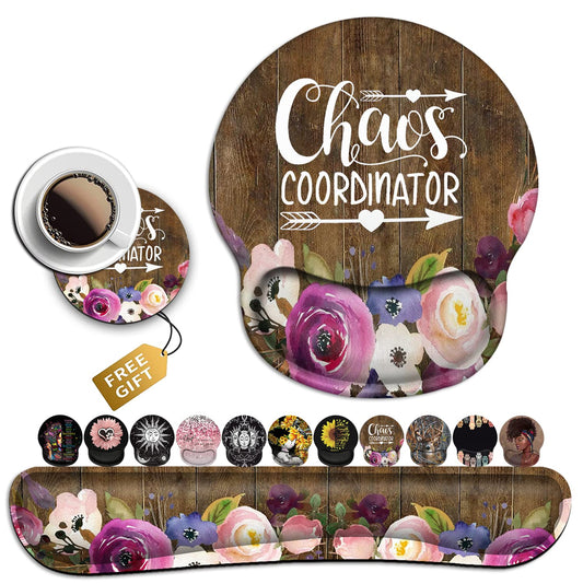 Chaos Coordinator Quotes Vintage Watercolor Floral Mouse Pad - Wrist Guard and Keyboard Wrist Rest