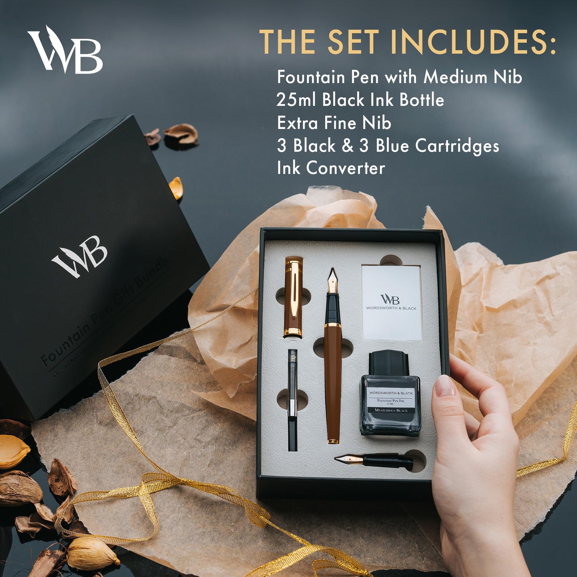 Wordsworth & Black Fountain Pen Gift Set, Medium & Extra Fine Nib, Brown