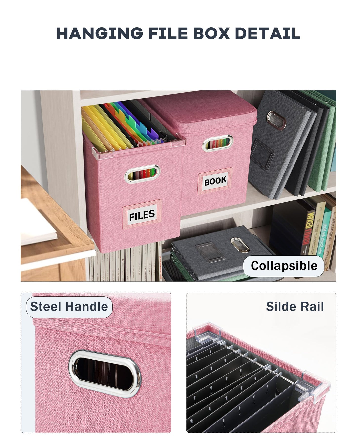 Oterri File Organizer Box with Lid, Hanging Filing File Box with Mesh Pocket, Document Organizer