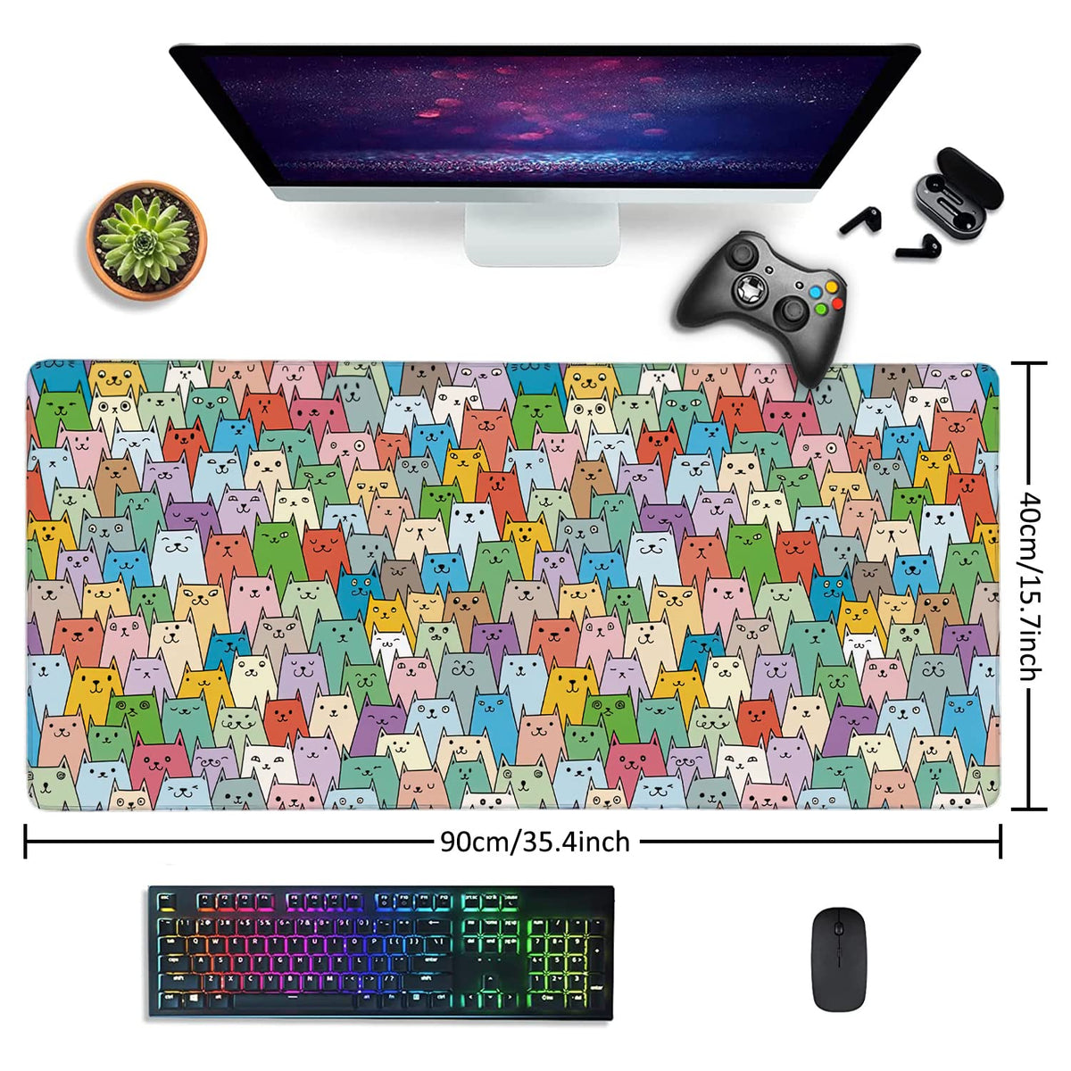 Cute Colorful Cats Extended Gaming Mouse Pad Large Desk Mat with Non-Slip Rubber Base and Stitched