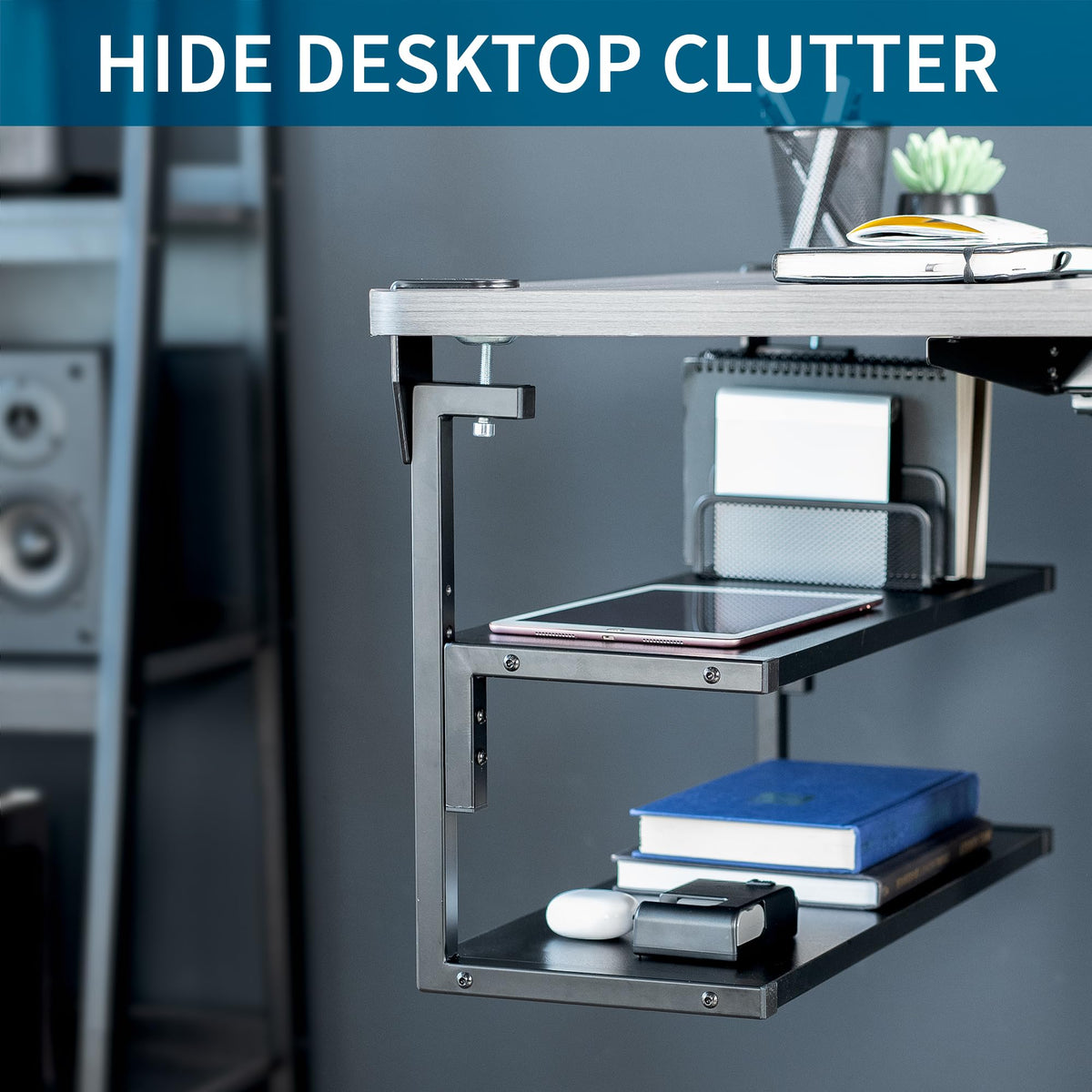 VIVO Black Clamp-on 24 inch 2-Tier Desk Shelf, STAND-SHELF24C
