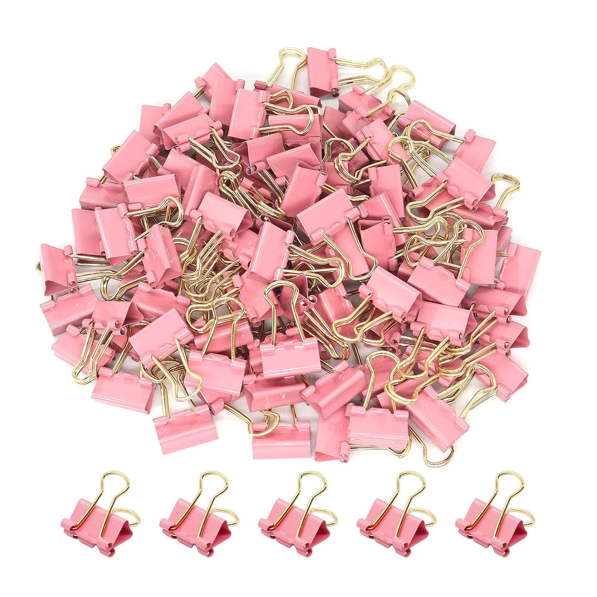 Pink Binder Clips, Gold Handles Mini Paper Clip, Small Paper Clamps 15mm (5/8 inch), 100 Pack Micro
