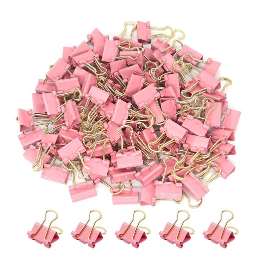 Pink Binder Clips, Gold Handles Mini Paper Clip, Small Paper Clamps 15mm (5/8 inch), 100 Pack Micro