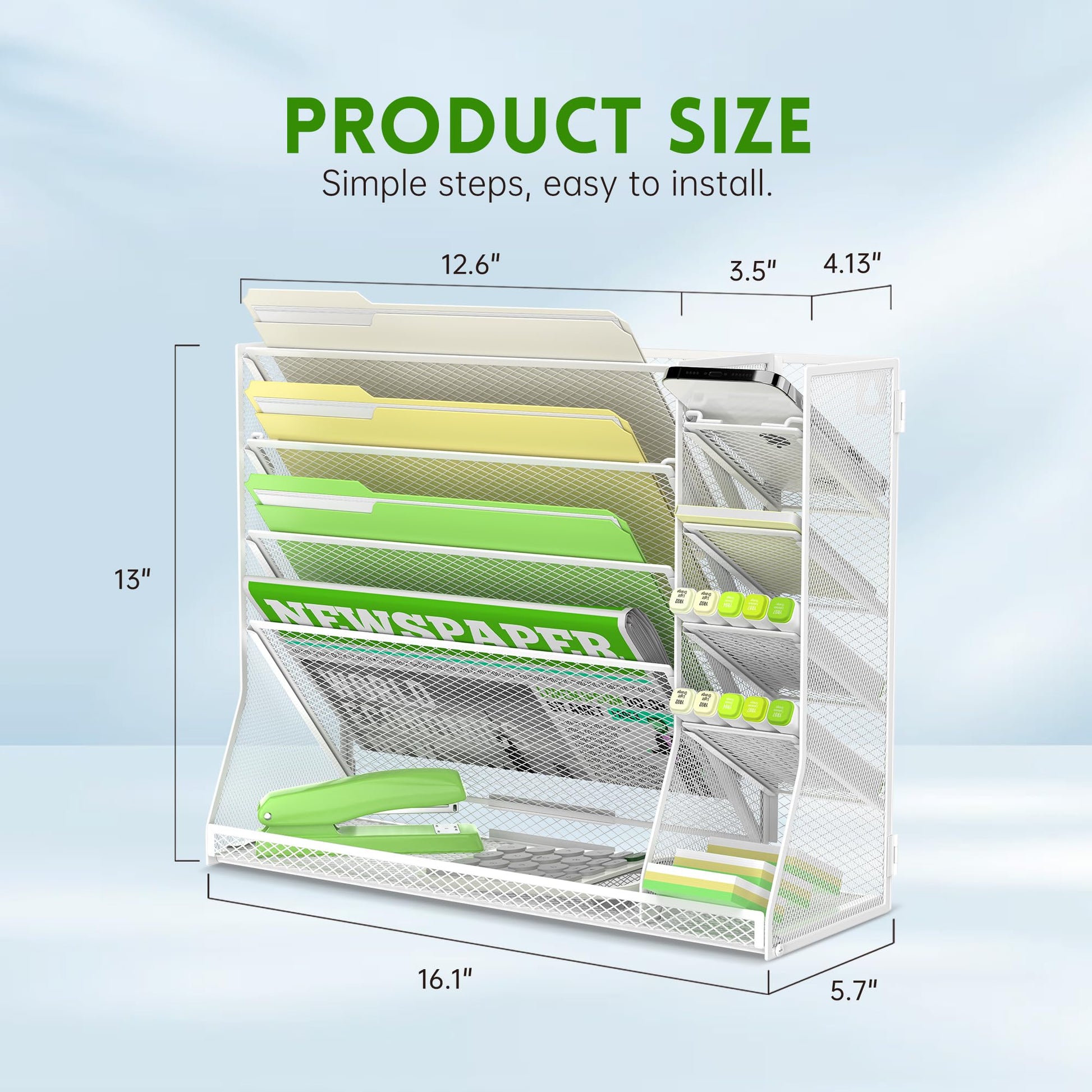 5-Tier Wall File Organizer with 4 Pen Holders and R-Shaped Tray,White