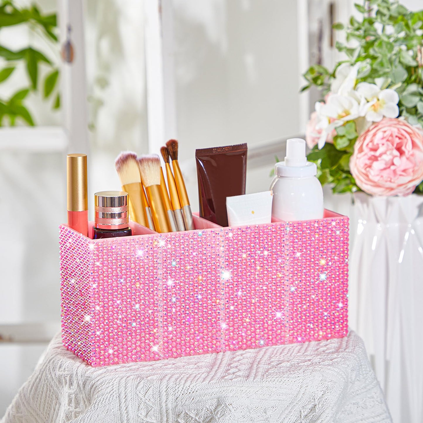 Resholder Rhinestone Desk Organizer, Pink Pen Makeup Brush Holder