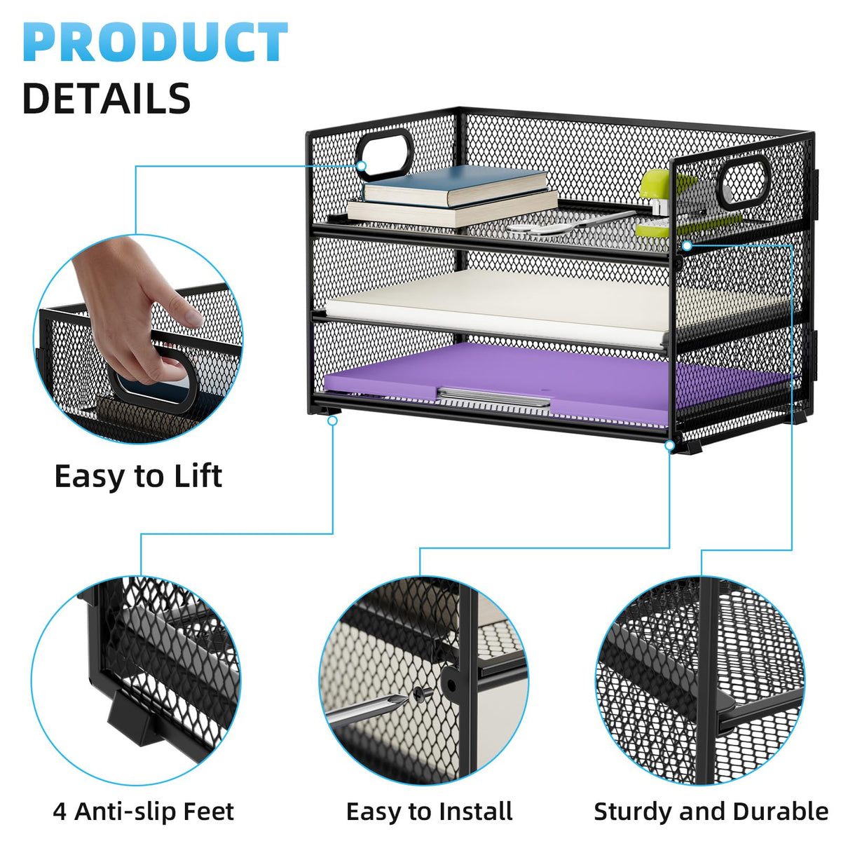 Marbrasse 3 Tier Paper Organizer Letter Tray, Mesh File Organizer with Handle, Paper Sorter Desk