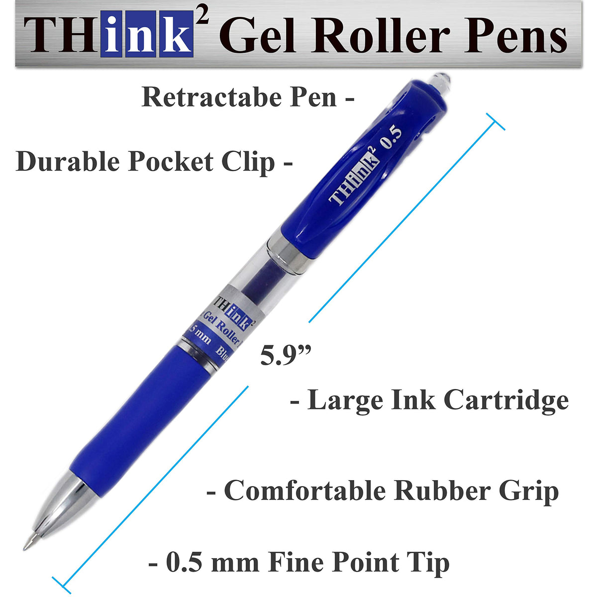 [24 Pens - Blue Ink] Think2 Retractable Gel Pens. (24 Blue) Fine Point (0.5mm) Rollerball Pens with