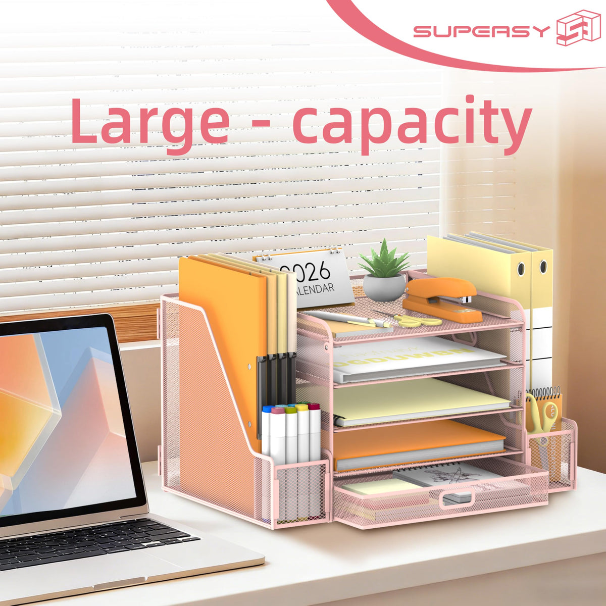SUPEASY Mesh Desk Organizer with File Holder, 5-Tier Paper Letter Tray Organizer with Magazine
