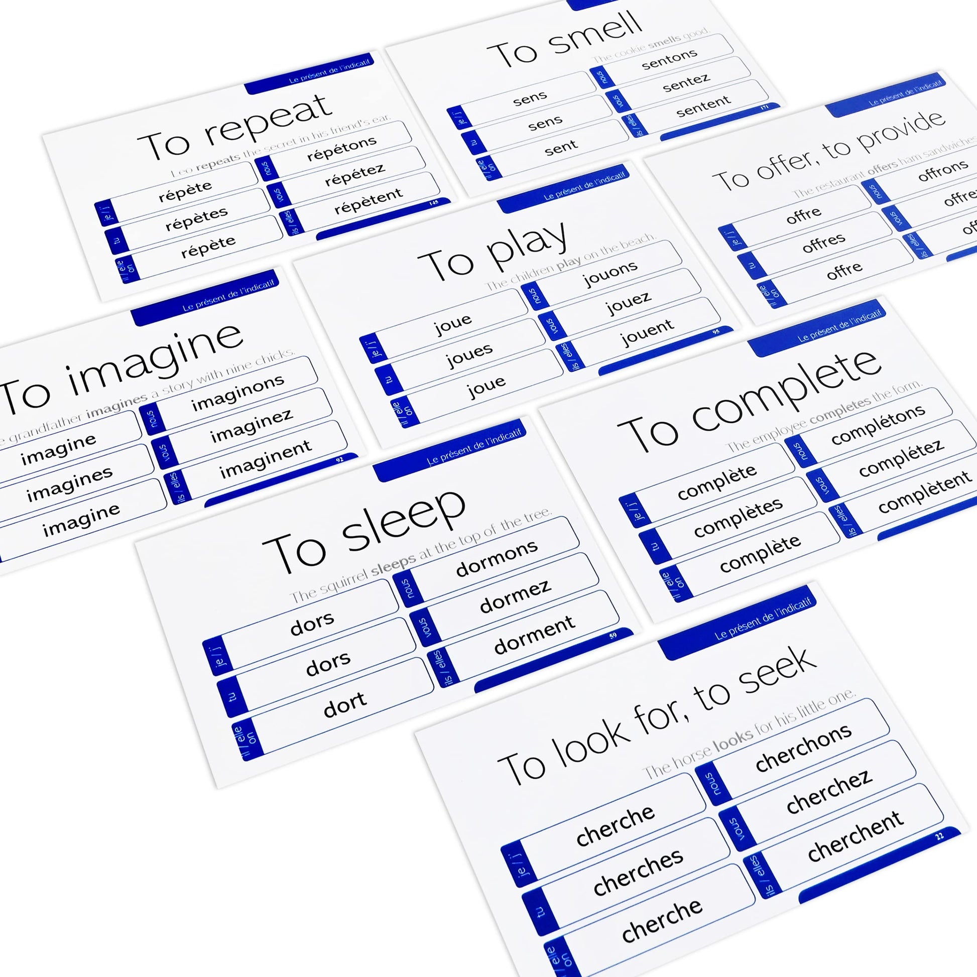200 French Verb Conjugation Present Tense Flash Cards - Full Examples in Both French and English