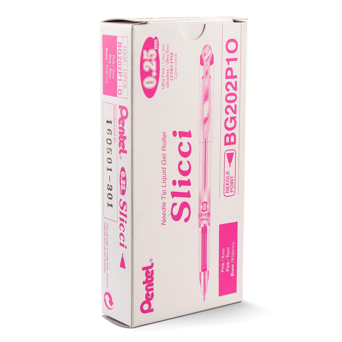 Pentel Arts Slicci 0.25 mm Extra Fine Gel Pen, Pink Ink, Box of 12 (BG202-P1)