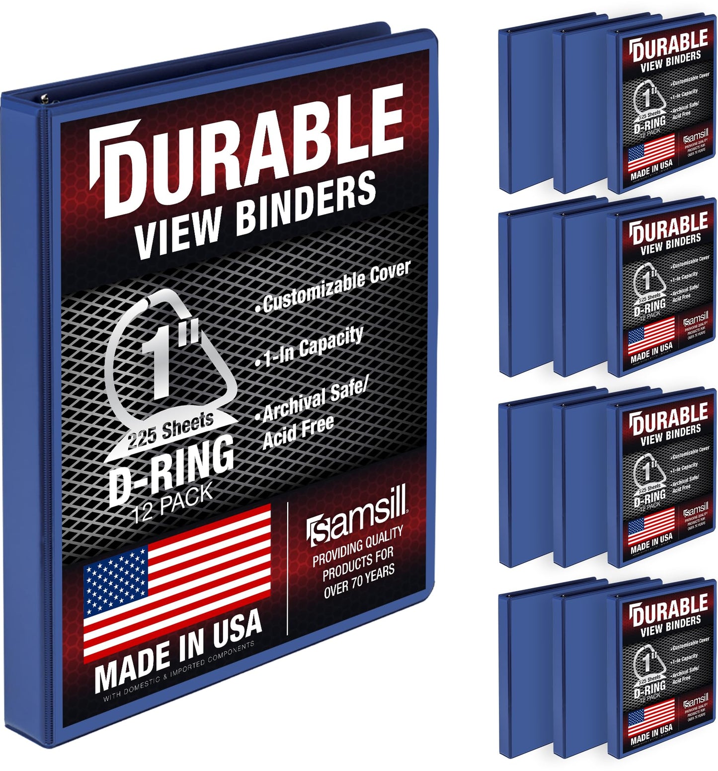 Samsill Durable 1 inch 3 Ring Binder, D Ring Binder, 100% Recycled Chipboard, Blue, 12 Pack