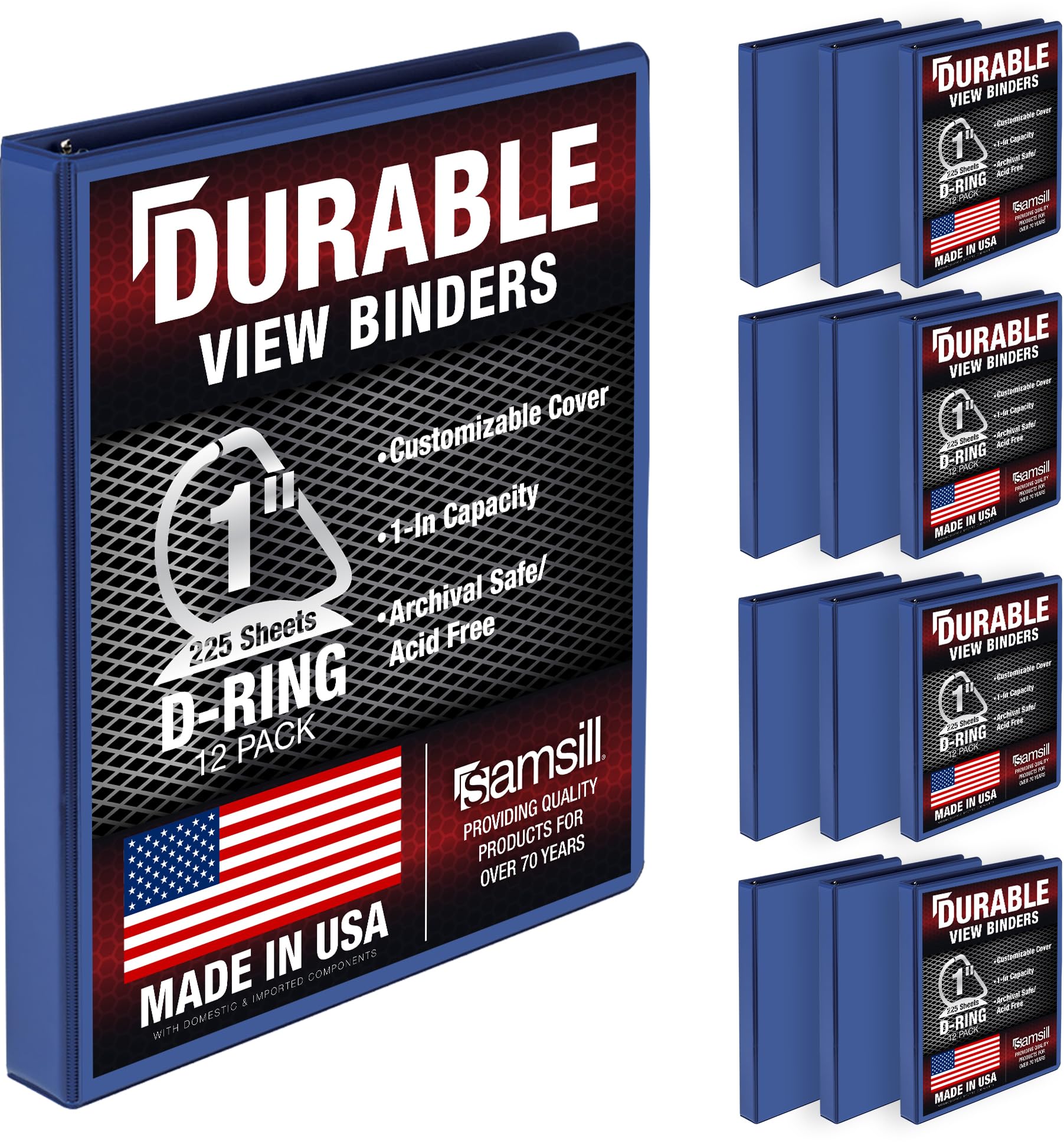 Samsill Durable 1 inch 3 Ring Binder, D Ring Binder, 100% Recycled Chipboard, Blue, 12 Pack