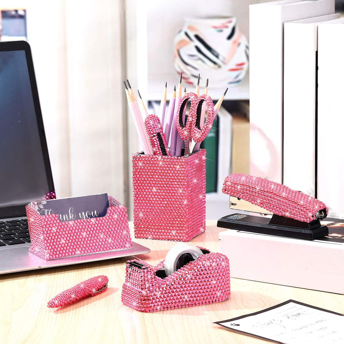 Demissle Pink 7 Pcs Bling Desk Accessories Set Office Kit for Women