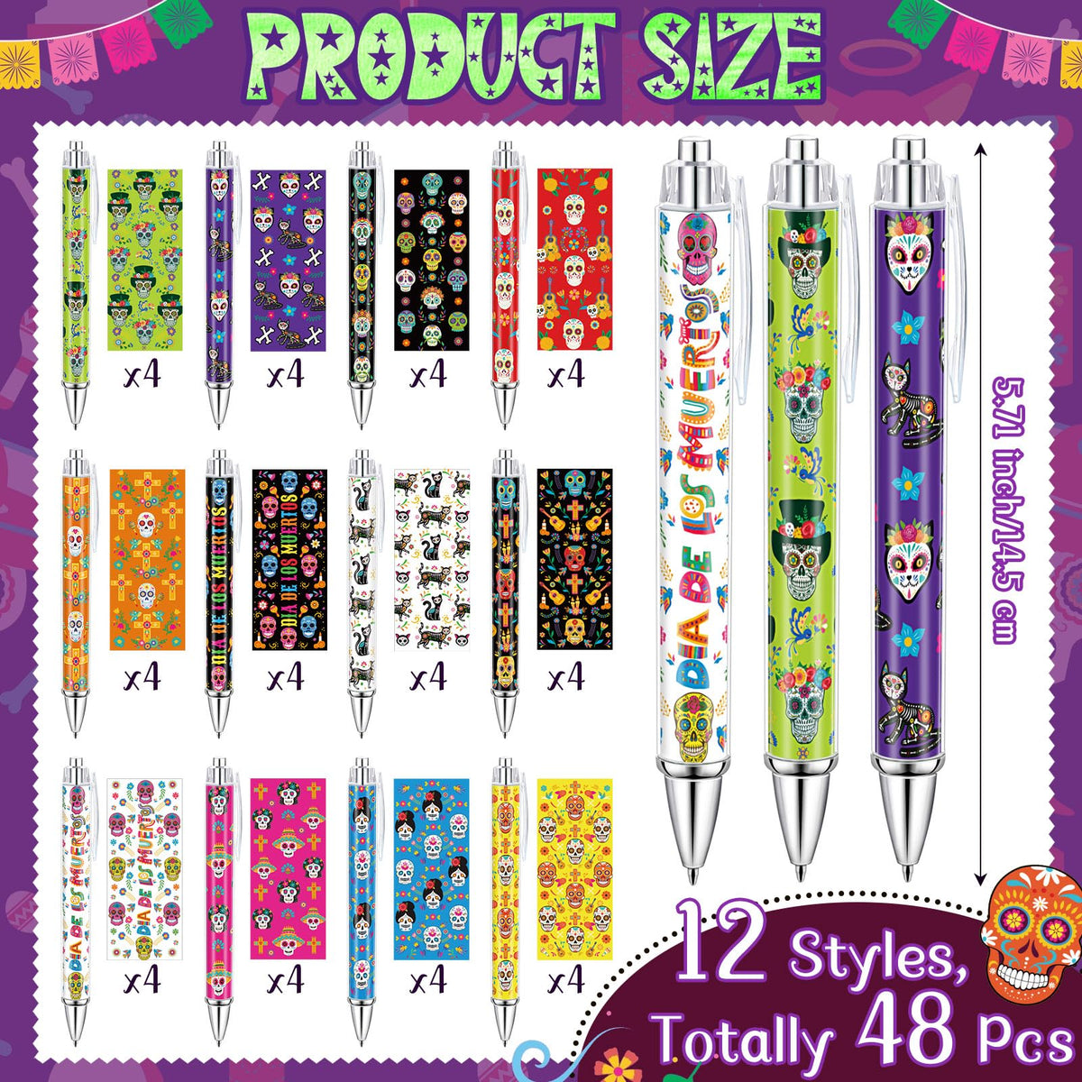 Dispowreath 48 Pcs Day of The Dead Pens Bulk Halloween Sugar Skull Ink Pens Retractable Gel