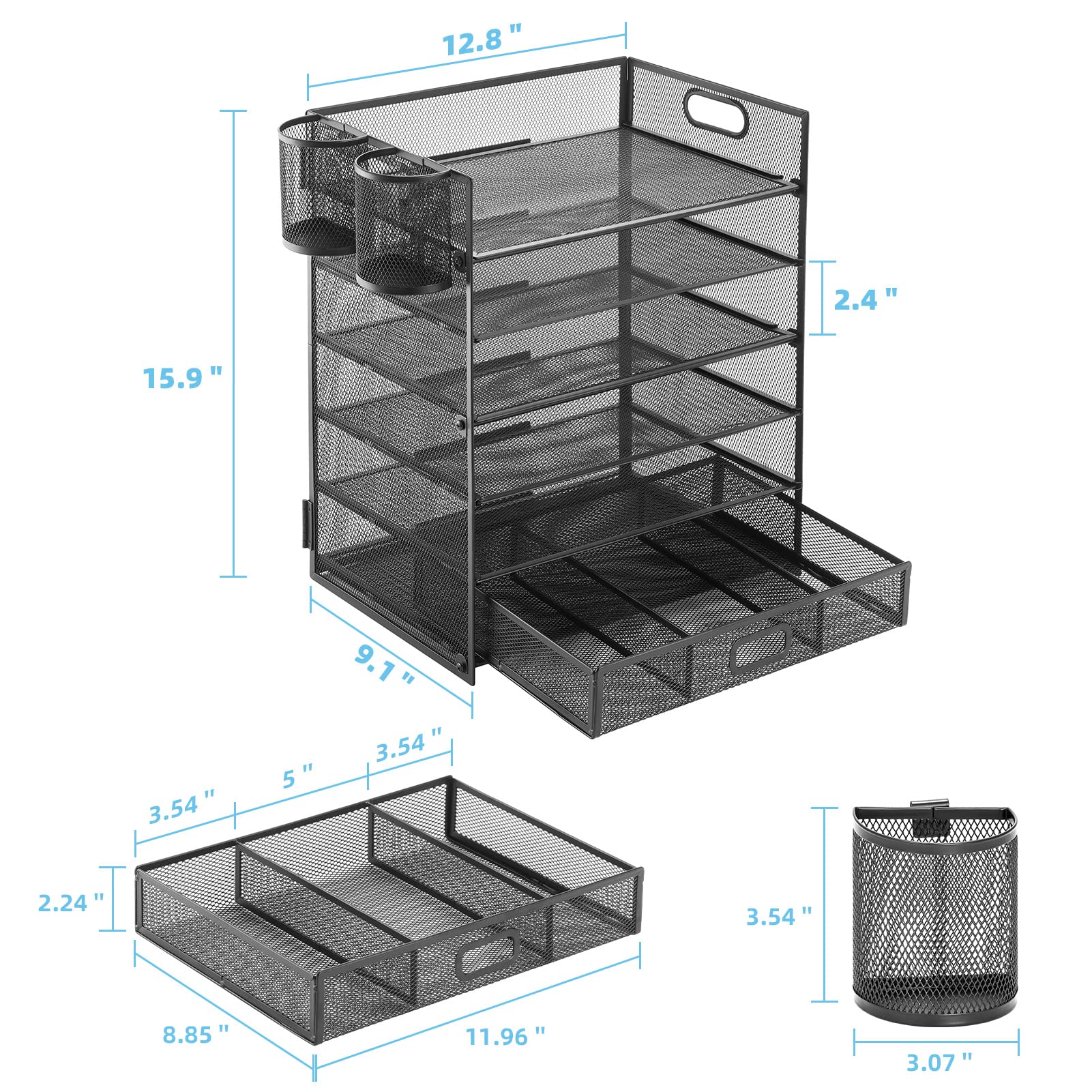 Lavatino 6-Tier Paper Organizer Letter Tray with Drawer - Mesh Desk File Paper Office Supplies