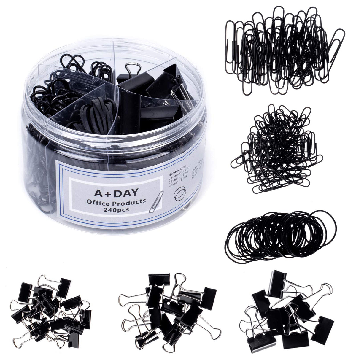 A+DAY 240 pcs Binder Clips, Paper Clips, Rubber Bands, Paper Clamps Assorted Size, Jumbo Paper