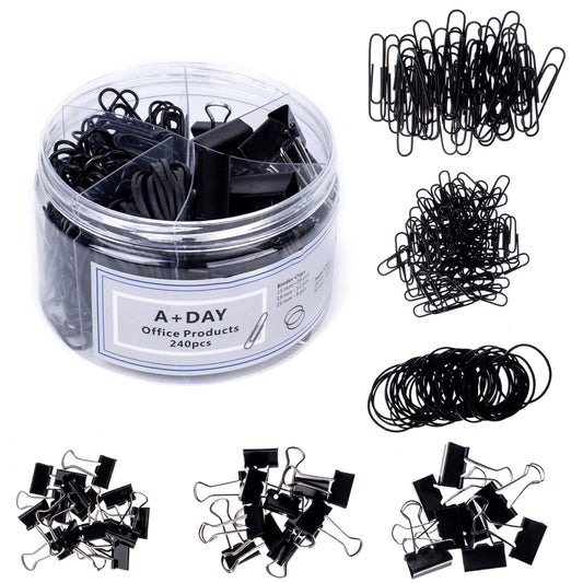 A+DAY 240 pcs Binder Clips, Paper Clips, Rubber Bands, Paper Clamps Assorted Size, Jumbo Paper