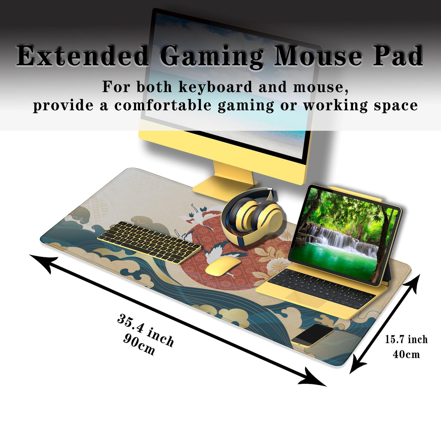 Samgula Gaming Mouse Pad Japanese Great Wave Blue Desk Pad, Big Mouse Pads Office Desk Pads, Mouse