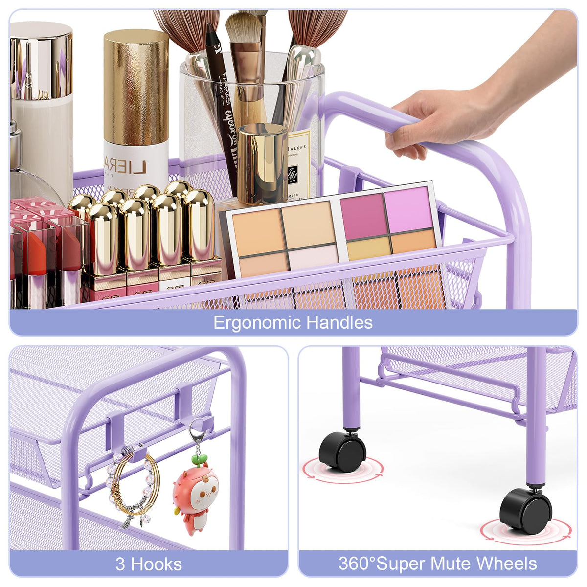 TOOLF 4 Tier Rolling Cart, Metal Utility Storage Cart with Wheels, Purple