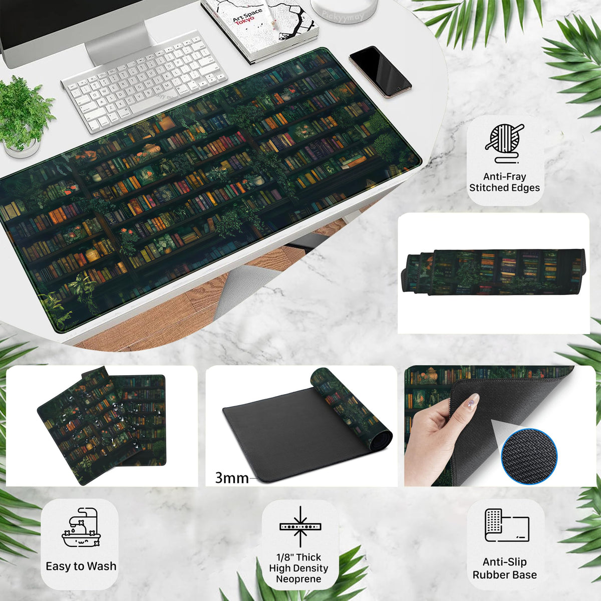 Green Leaves Desk Pad Extended Mouse Mat, Plant Bookshelf Gaming Desk Mat, Large Laptop Keyboard