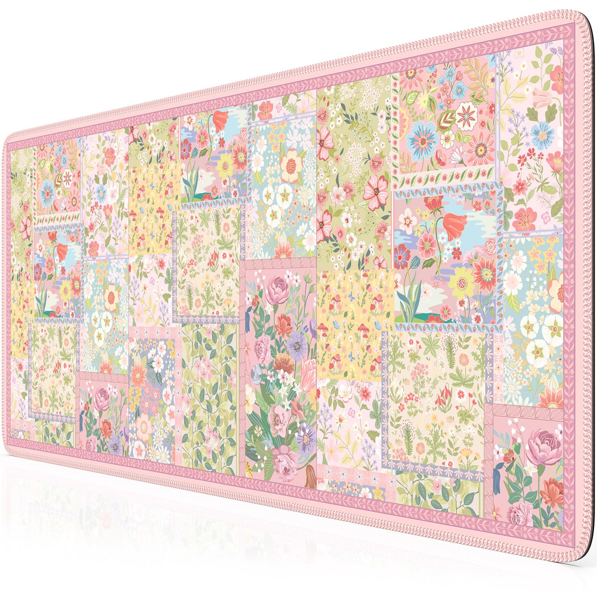 HAOCOO Cute Pink Floral Desk Pad, Large Keyboard Mat with Stitched Edge