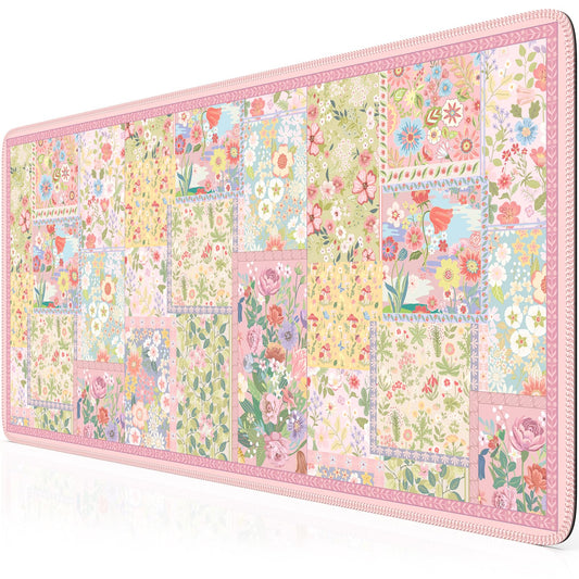 HAOCOO Cute Pink Floral Desk Pad, Large Keyboard Mat with Stitched Edge