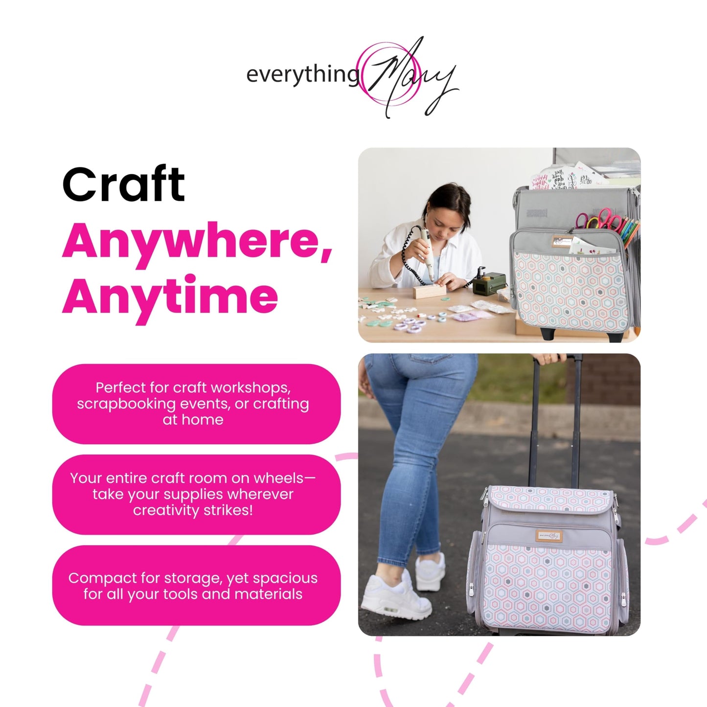 Everything Mary Rolling Scrapbook Tote, Grey Hexagon - Papercraft Tote with Wheels for Scrapbook &