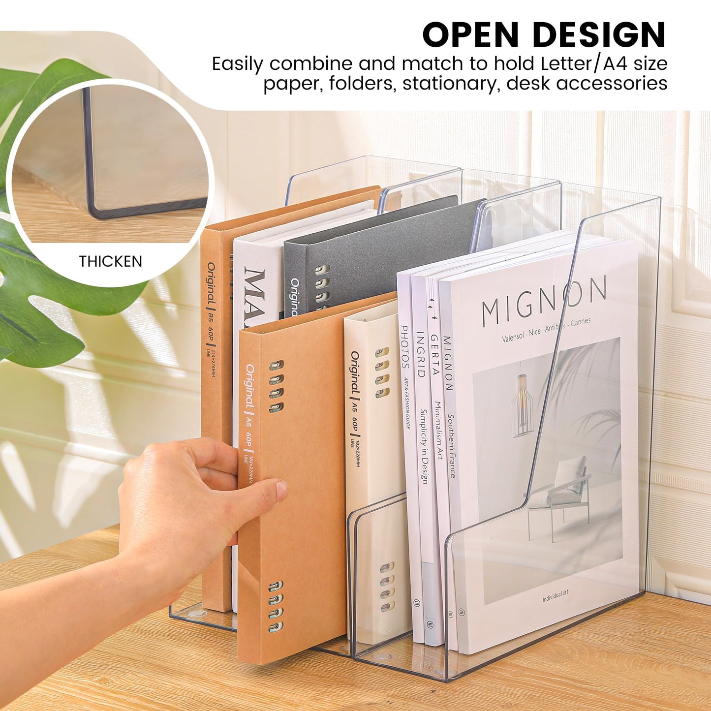 CiWiVOKi Vertical File Holder, Clear PET Desk Organizer and Storage Bins Holding for Magazines