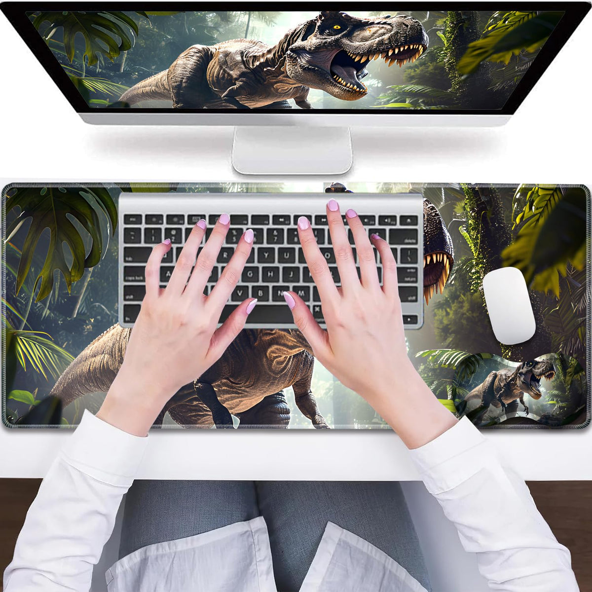 3-Piece Dinosaur T-Rex in Jungle Mouse Pad Set, Including Wrist Support Pad and Cup Holder, with
