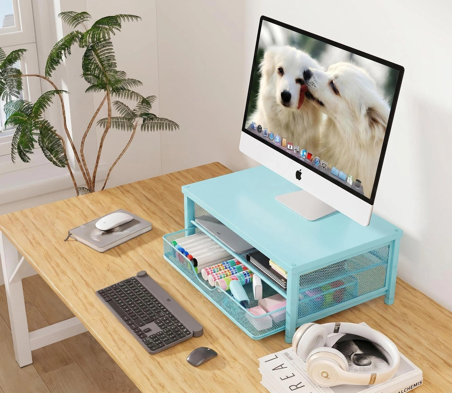 OPNICE Computer Monitor Stand Riser, Desk Organizer with Drawer, Printer & Laptop Stand, Office