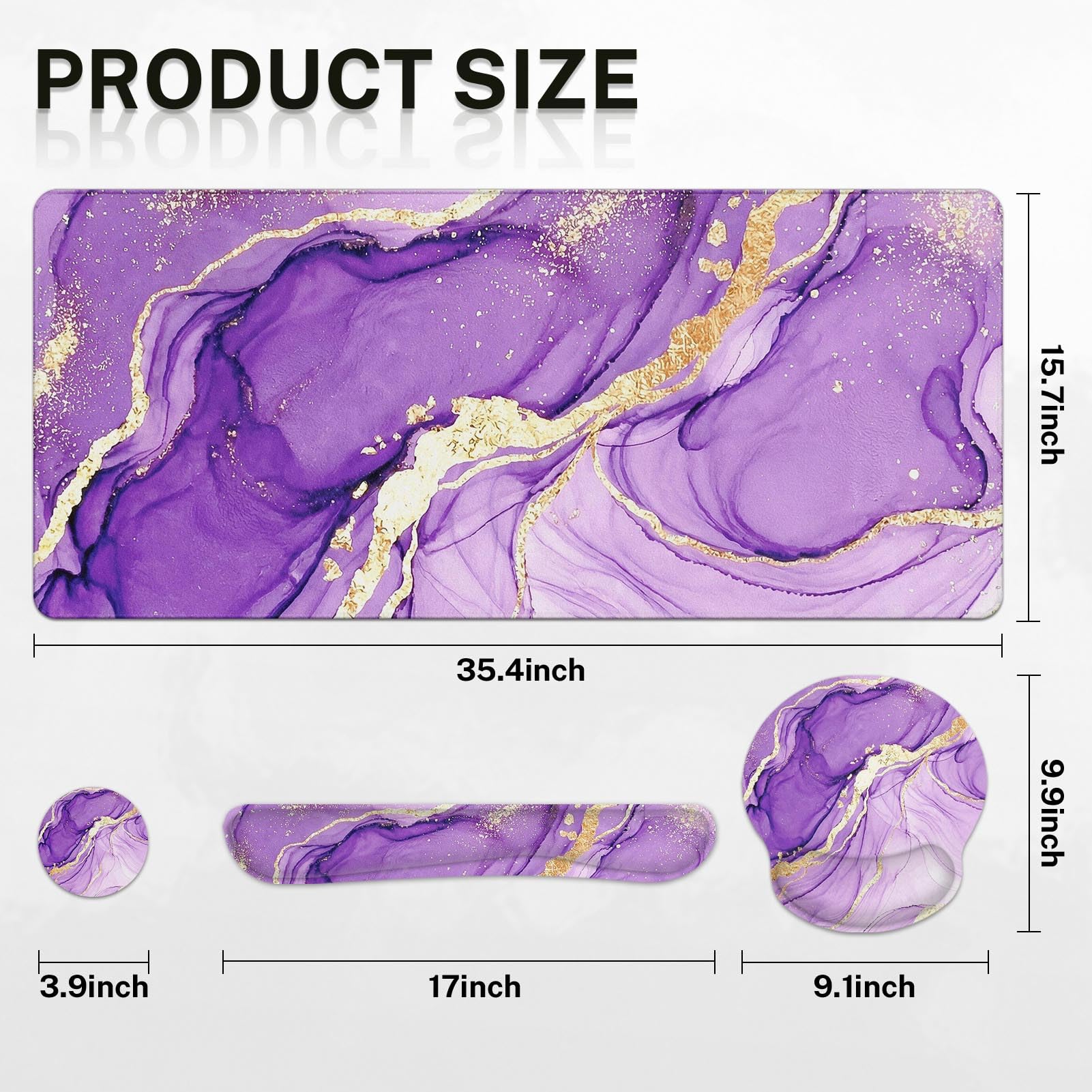 Arttown Keyboard Mouse Pad Set, 4 in 1 Desk Mat Set Marble Abstract Purple