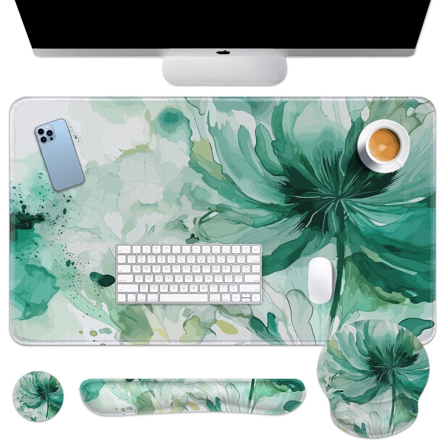Britimes Keyboard Mouse Pad Set, 4 in 1 Desk Mat Set, Colorful Floral