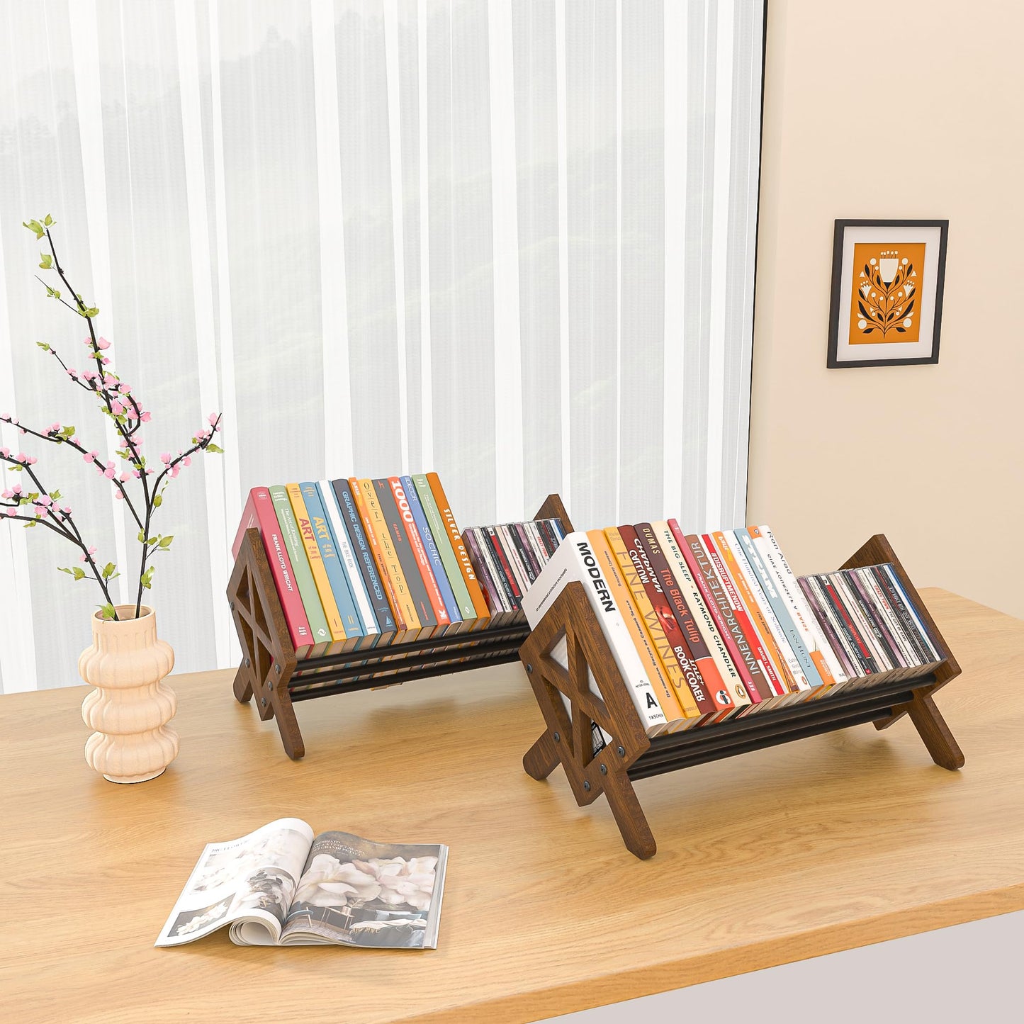 ART-GIFTREE Desktop Bookshelf Organizer, Wood Office Tabletop Book Storage Rack, Tilting Bookcase