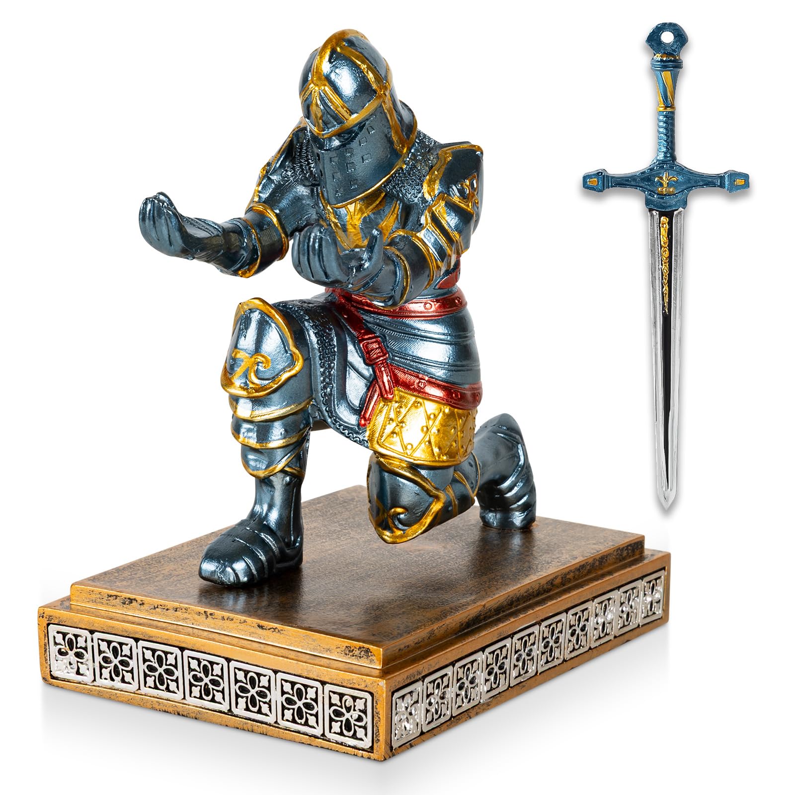 MACLARONX Kneeling Knight Pen Holder with Sword Medieval Warrior Fancy Pencil Stand for Office Desk