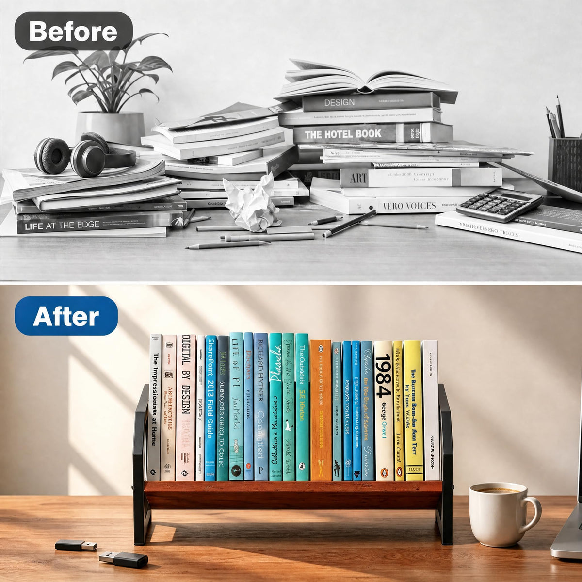 ART-GIFTREE Desktop Bookshelf Organizer, Tilting Bookcase, Reddish Brown