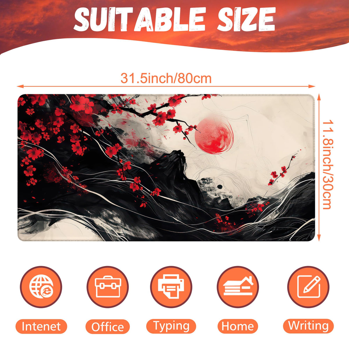 KOAIWPAE Desk Pad, Black Red Ink Painting Desk Mat, Cherry Blossom Trees Sun Waves Large Gaming