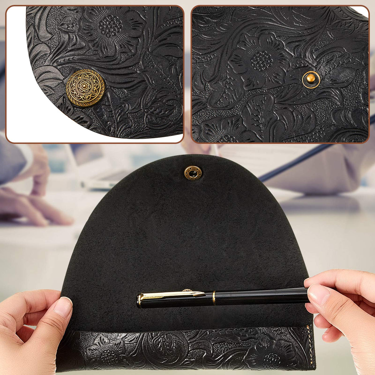 Zonon 2 Pieces Vintage Handmade Leather Pen Case Carved Roll Leather Pen Holder for School Home
